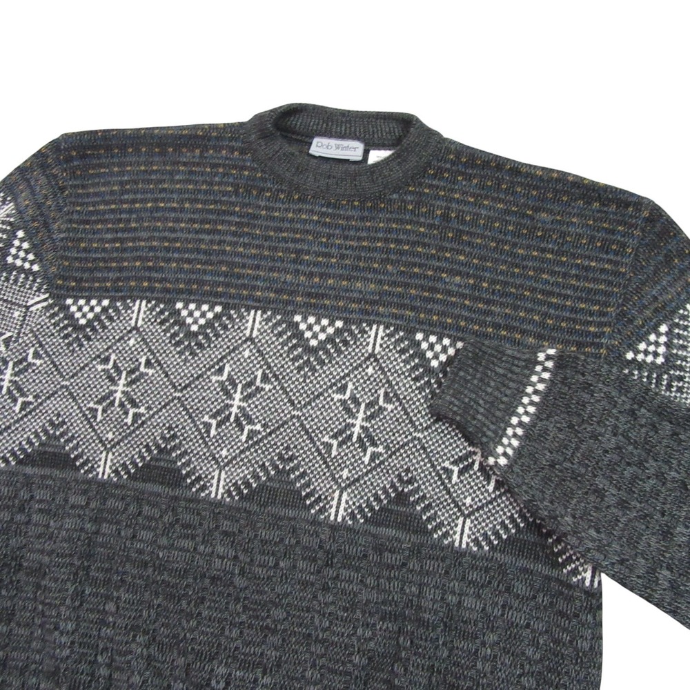 Rob Winter Vintage 90s Men Sweater Dark Gray Snowflake Fair Isle Knit L Pullover